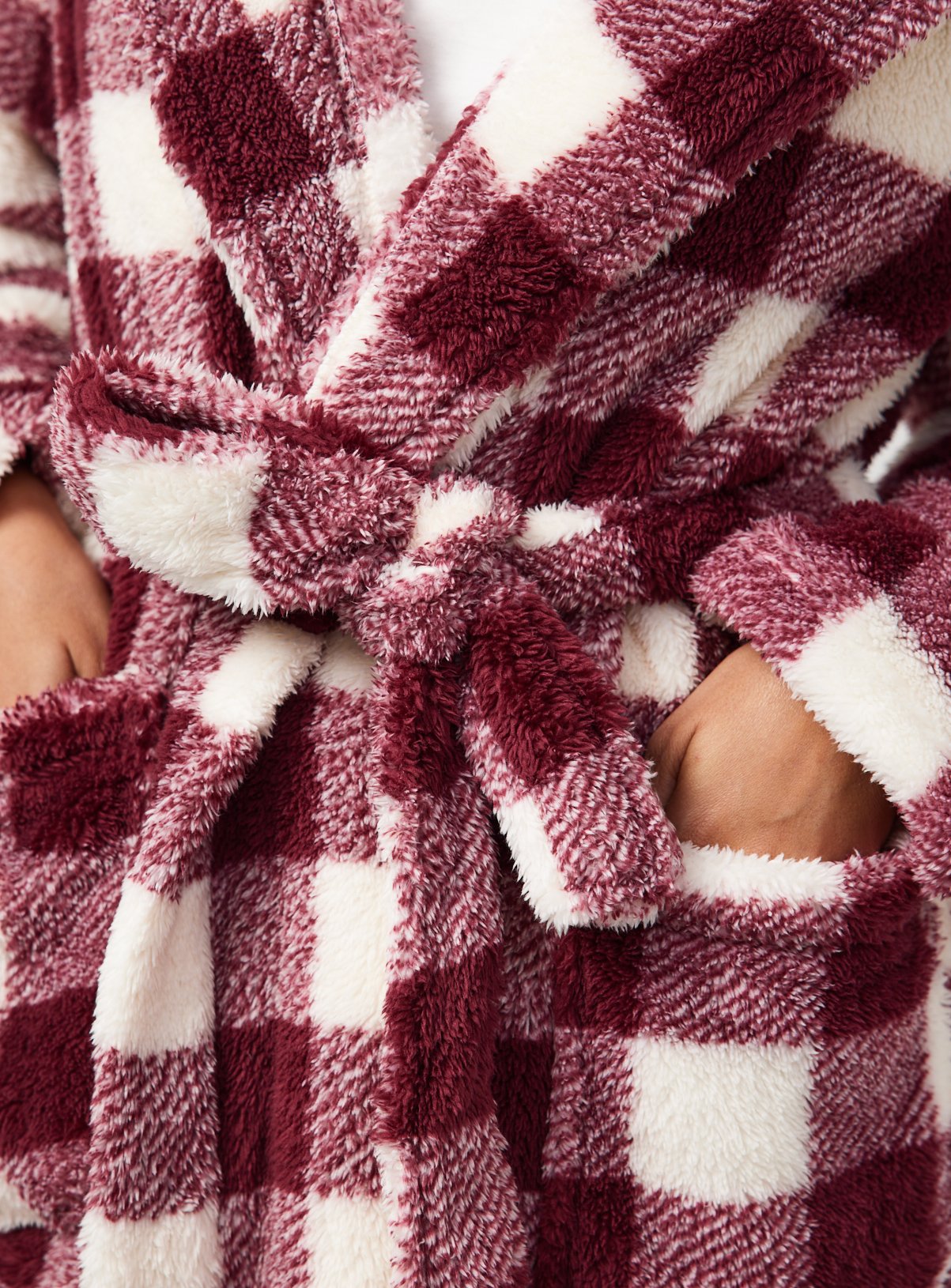 Plum Check Borg Hooded Dressing Gown M - Image 3 thumbnail