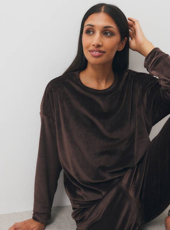 Brown Ribbed Velour Long Sleeve Pyjama Top Co-ord S