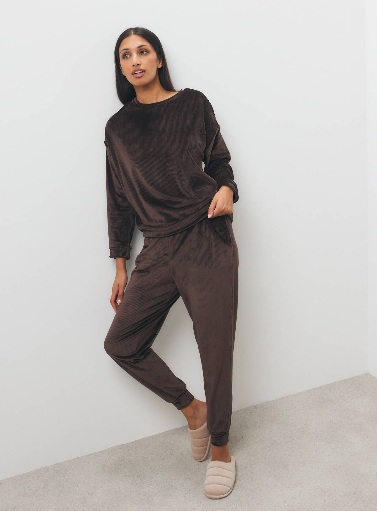 Brown Ribbed Velour Long Sleeve Pyjama Top Co-ord XL - Image 2