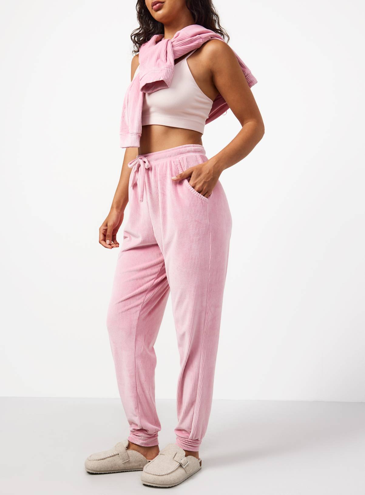 Pink Ribbed Co-ord Slinky Pyjama Bottoms M - Image 1