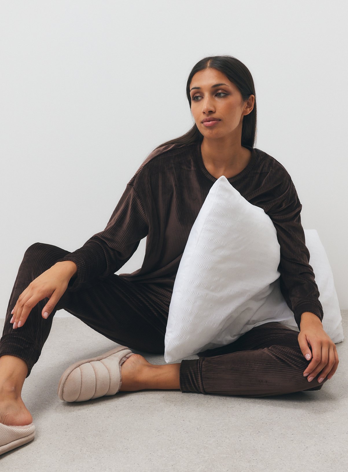Brown Ribbed Velour Pyjama Bottoms Co-ord M - Image 2 thumbnail