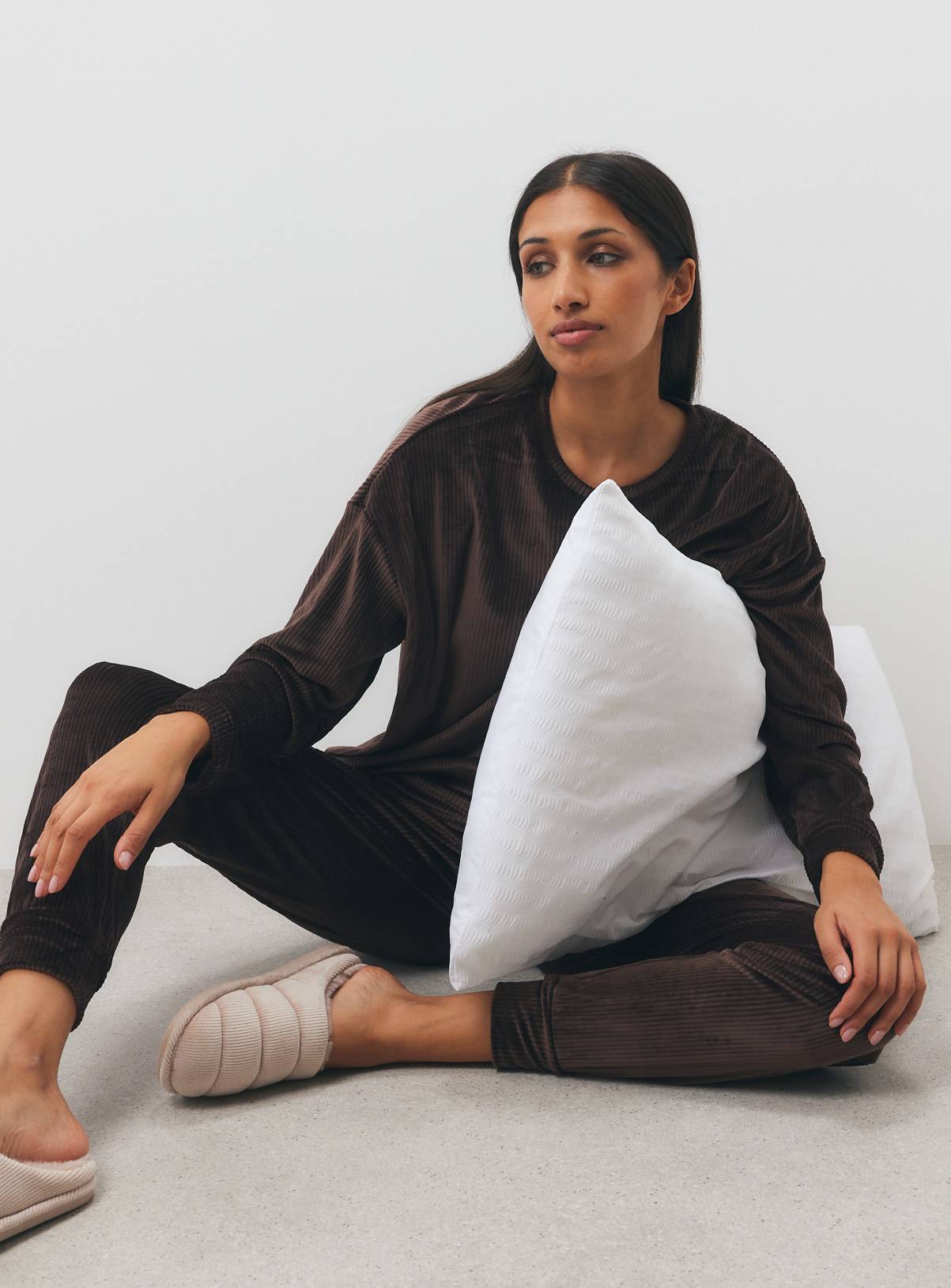 Brown Ribbed Velour Pyjama Bottoms Co-ord M - Image 2