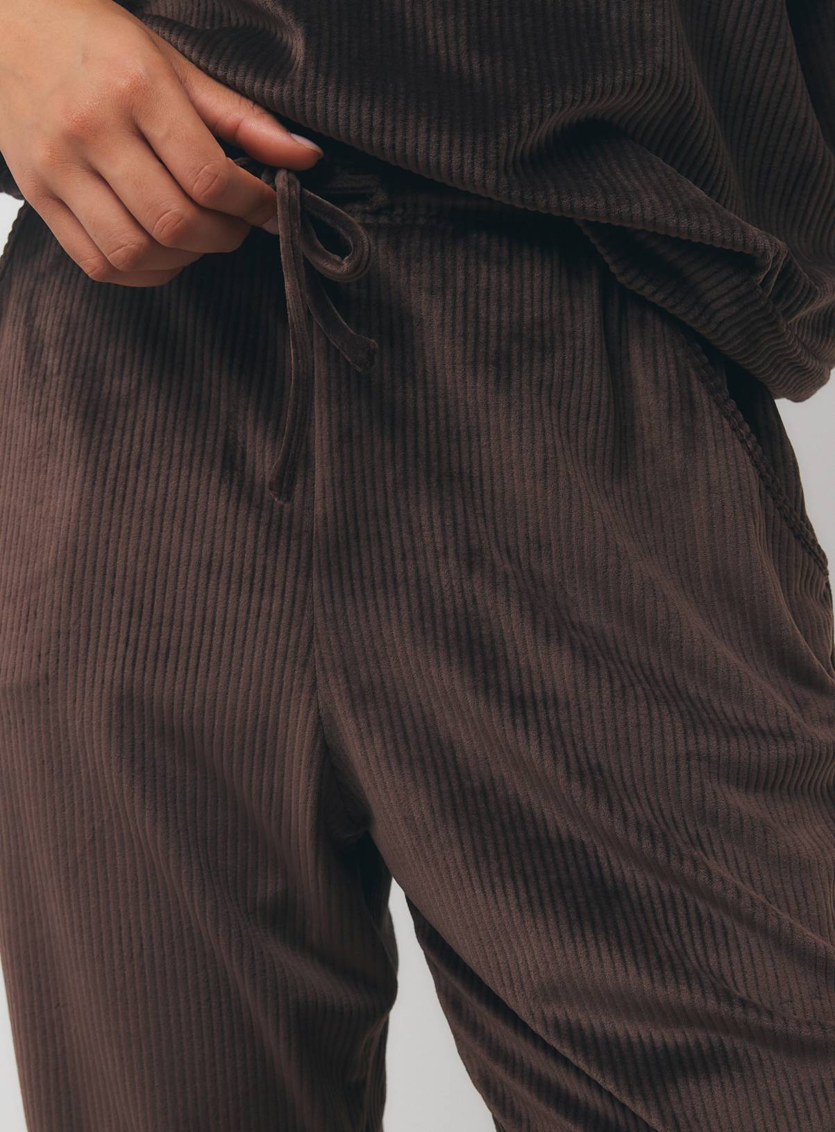 Brown Ribbed Velour Pyjama Bottoms Co-ord M - Image 3