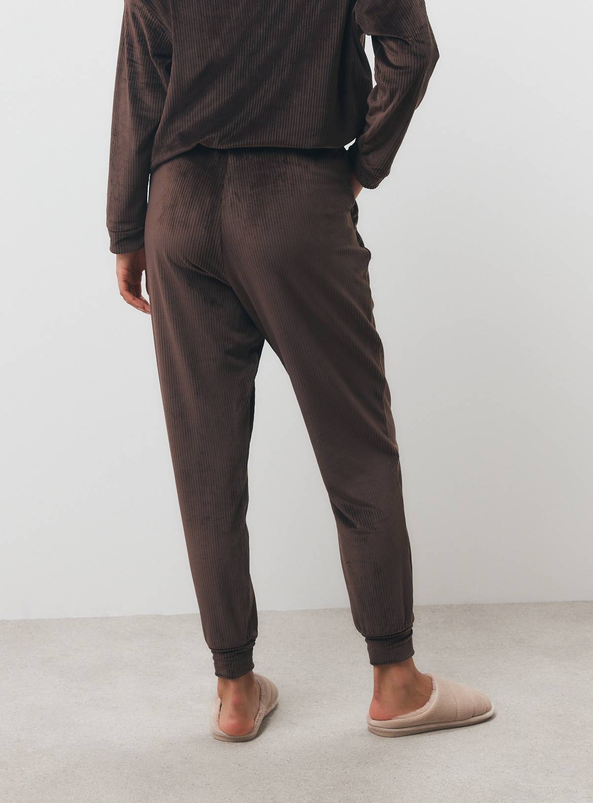 Brown Ribbed Velour Pyjama Bottoms Co-ord M - Image 4