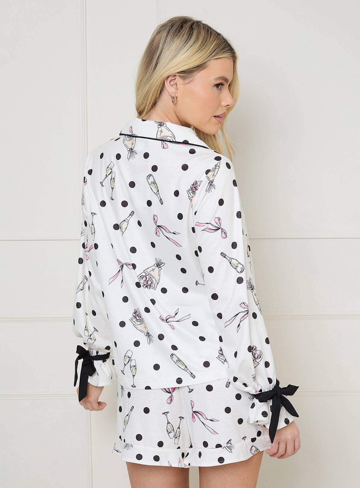 DOROTHY PERKINS Mono Long Sleeve Polka Dot Bow Cuff Jersey Pyjama Set M - Image 3