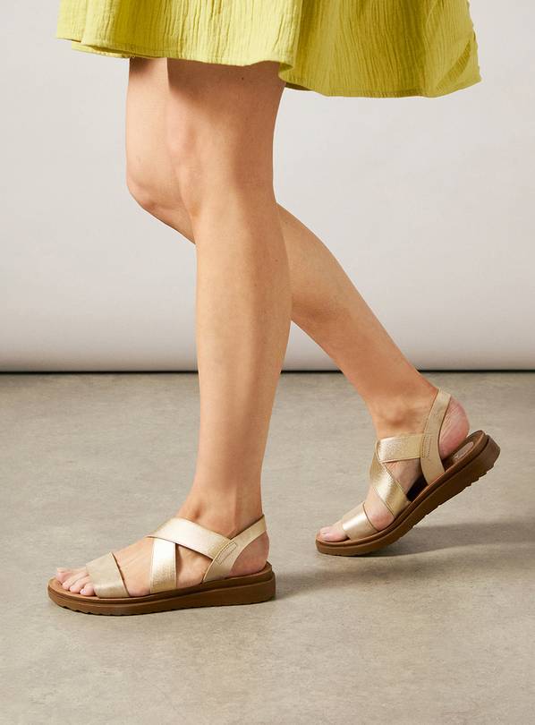 DOROTHY PERKINS Wide Fit Ana Comfort Elastic Cross Strap Low Wedge Sandals Gold 5