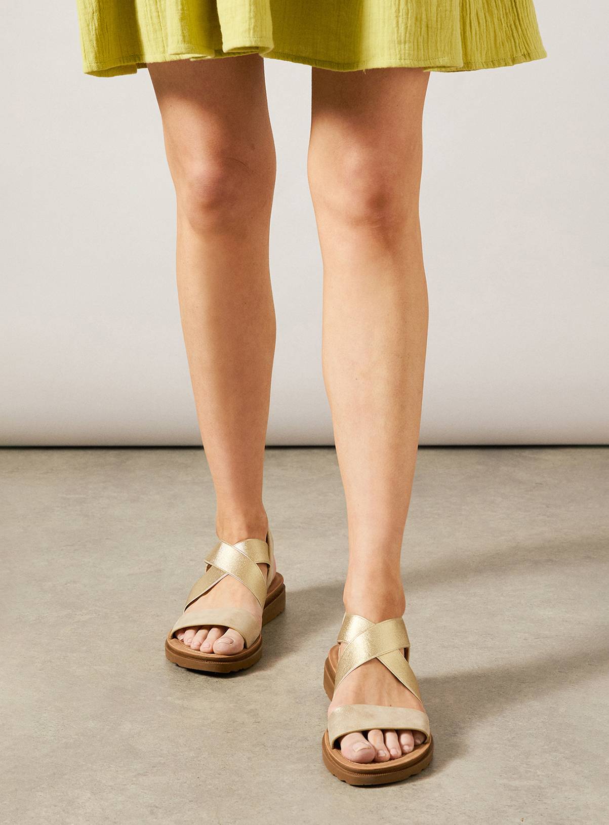 DOROTHY PERKINS Wide Fit Ana Comfort Elastic Cross Strap Low Wedge Sandals Gold 7 - Image 3