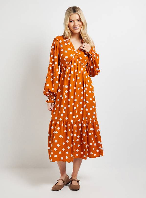 DOROTHY PERKINS Orange Spot Empire Seam Frill Detail Midi Dress 18