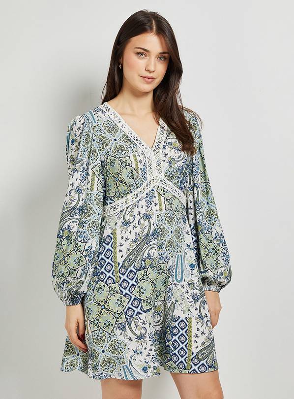 DOROTHY PERKINS Paisley Lace Trim Long Sleeve Printed Mini Dress Green 16