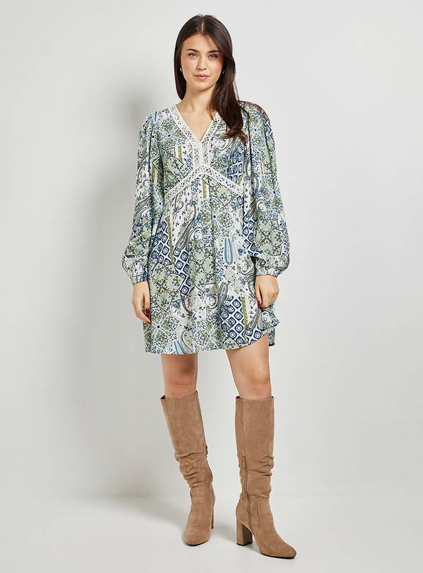 Buy DOROTHY PERKINS Paisley Lace Trim Long Sleeve Printed Mini Dress Green  16 | Mini | Tu