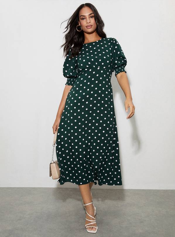 DOROTHY PERKINS Green Spot Short Sleeve Shirred Cuff Midi Dress 10