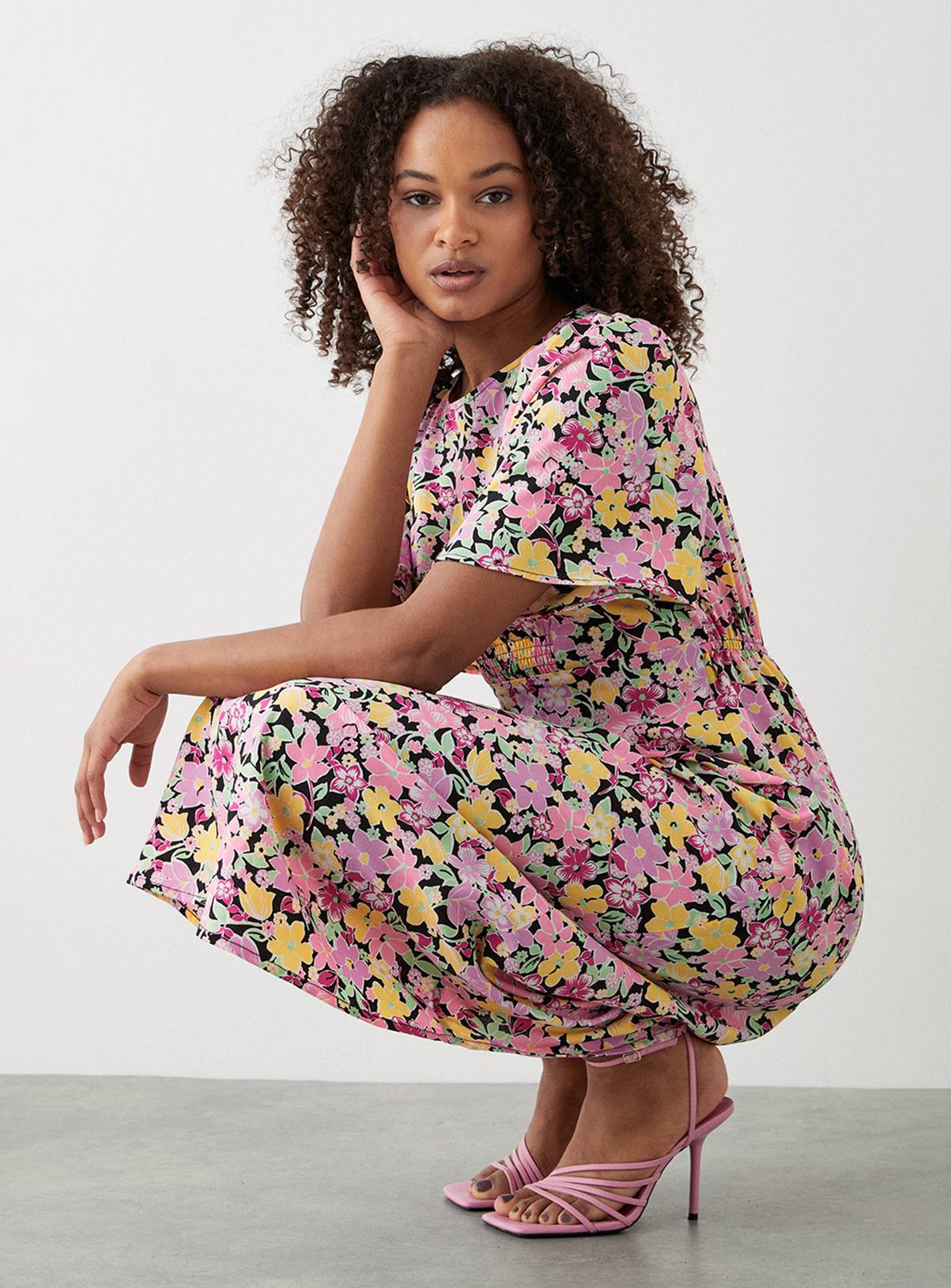 DOROTHY PERKINS Pink Floral Flutter Sleeve Shirred Waist Midi Dress 16 - Image 2