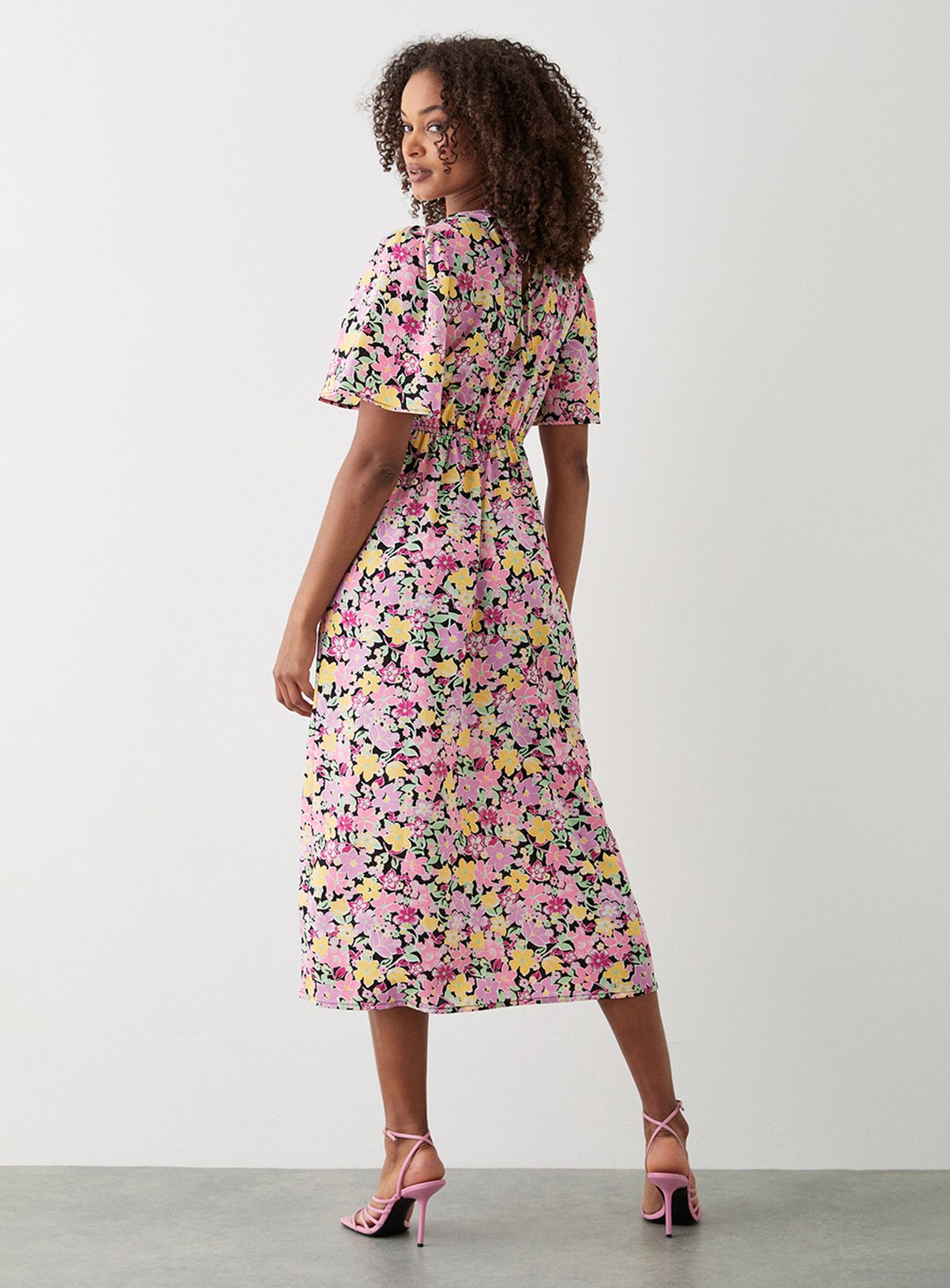 DOROTHY PERKINS Pink Floral Flutter Sleeve Shirred Waist Midi Dress 16 - Image 3 thumbnail