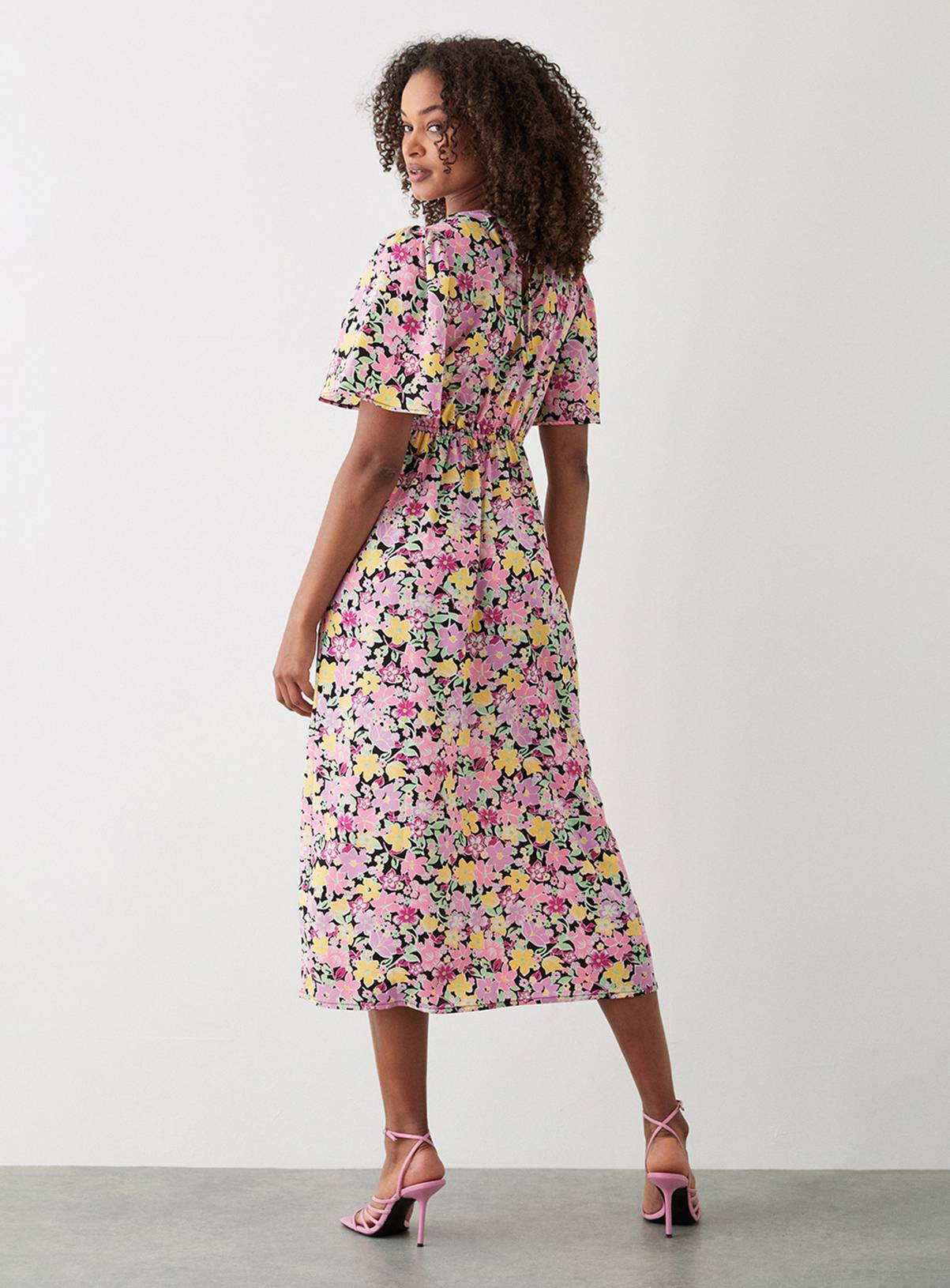 DOROTHY PERKINS Pink Floral Flutter Sleeve Shirred Waist Midi Dress 16 - Image 3