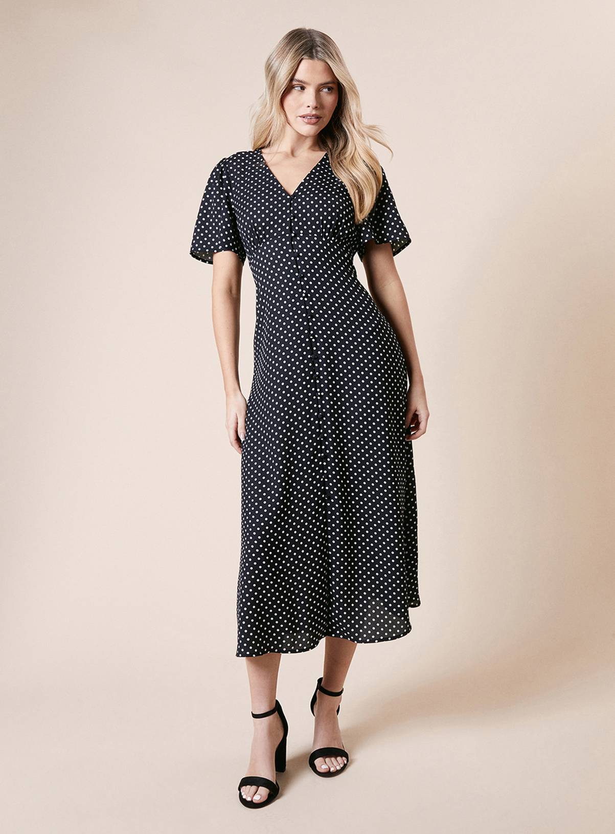 DOROTHY PERKINS Spot Button Through Flutter Sleeve Midi Dress 10 - Image 1
