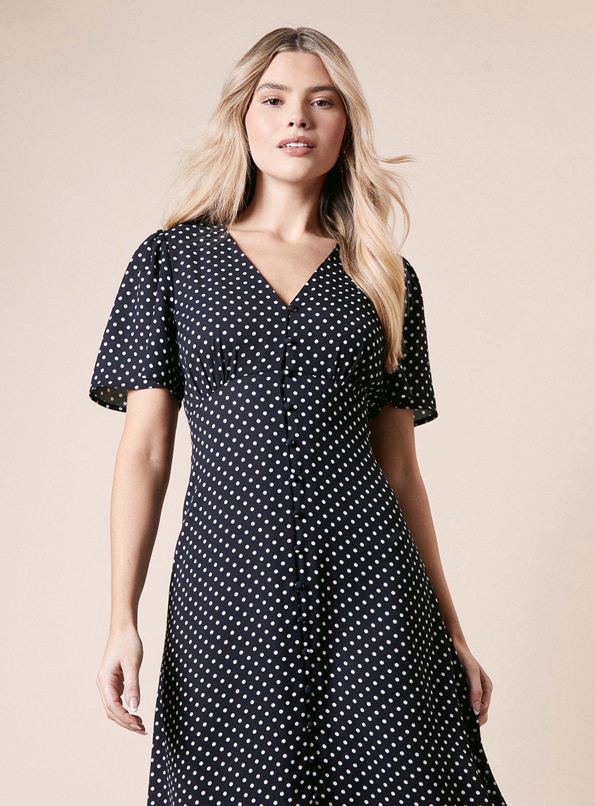 DOROTHY PERKINS Spot Button Through Flutter Sleeve Midi Dress 10 - Image 4 thumbnail