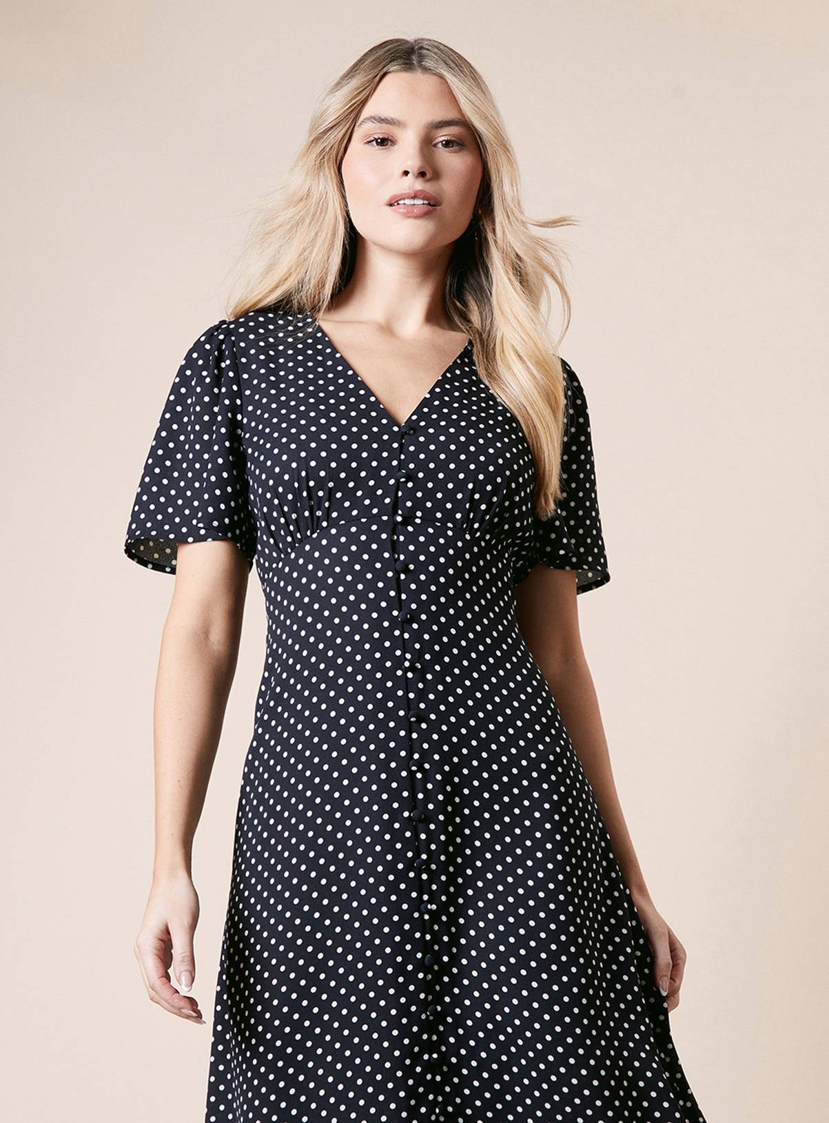 DOROTHY PERKINS Spot Button Through Flutter Sleeve Midi Dress 10 - Image 4