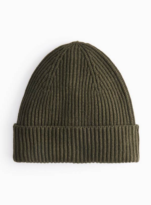 Khaki Ribbed Knitted Beanie Hat One Size