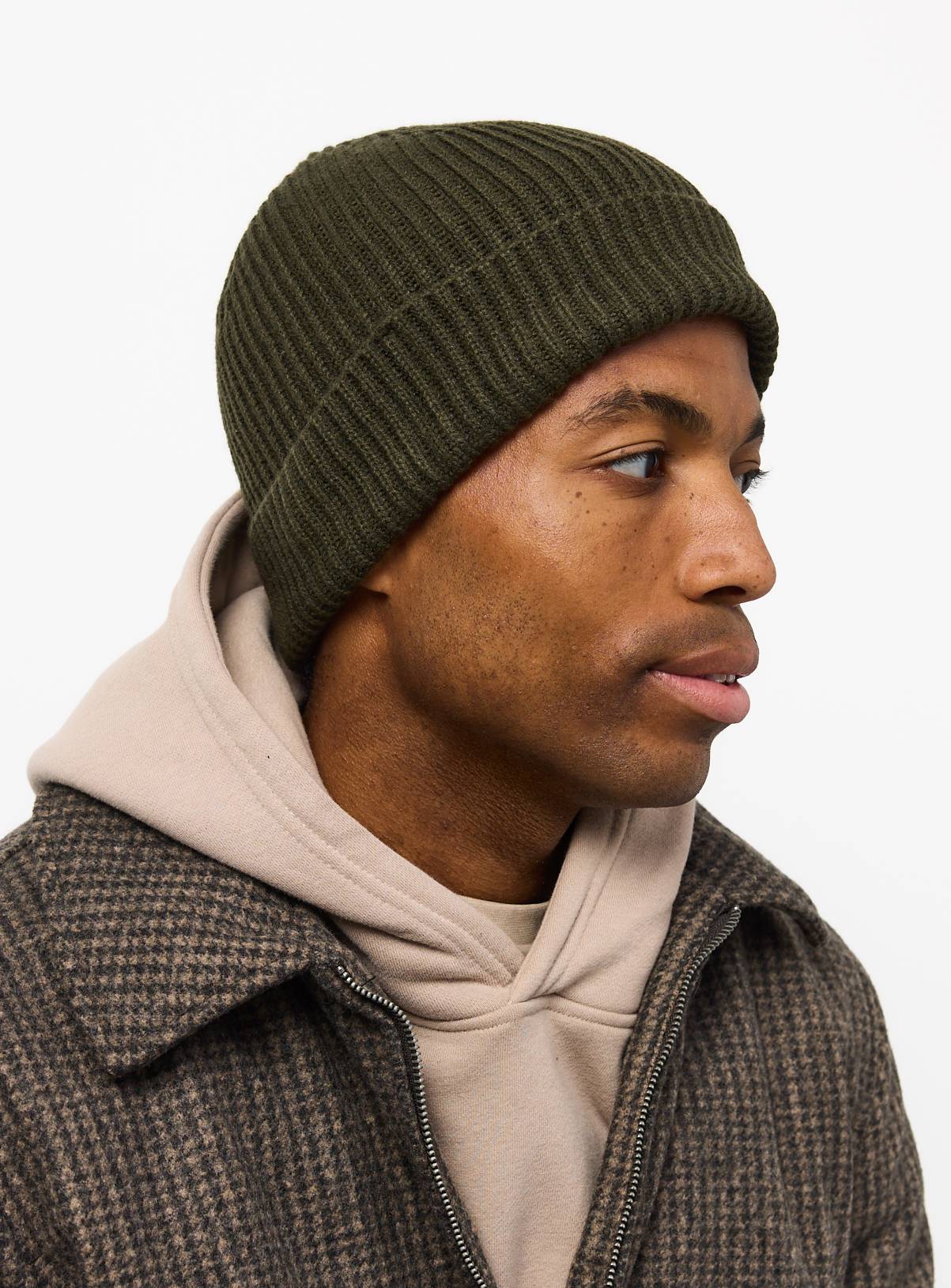 Khaki Ribbed Knitted Beanie Hat One Size - Image 1