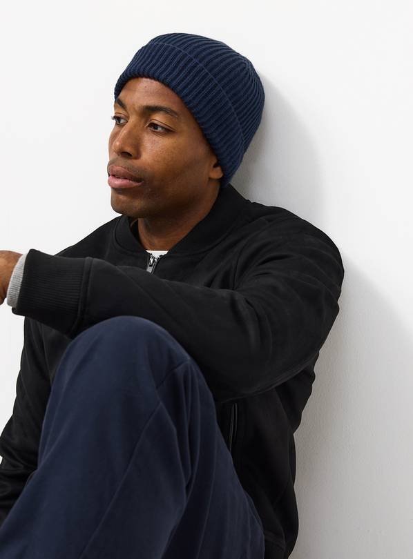 Navy Ribbed Knitted Beanie Hat One Size