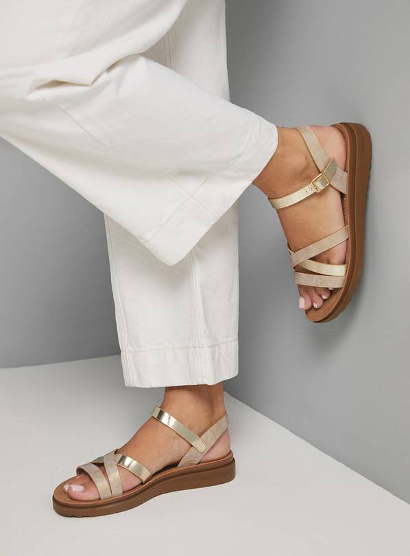 DOROTHY PERKINS Good For The Sole: Wide Fit Axel Comfort Cross Strap Low Wedge Sandals Gold 3