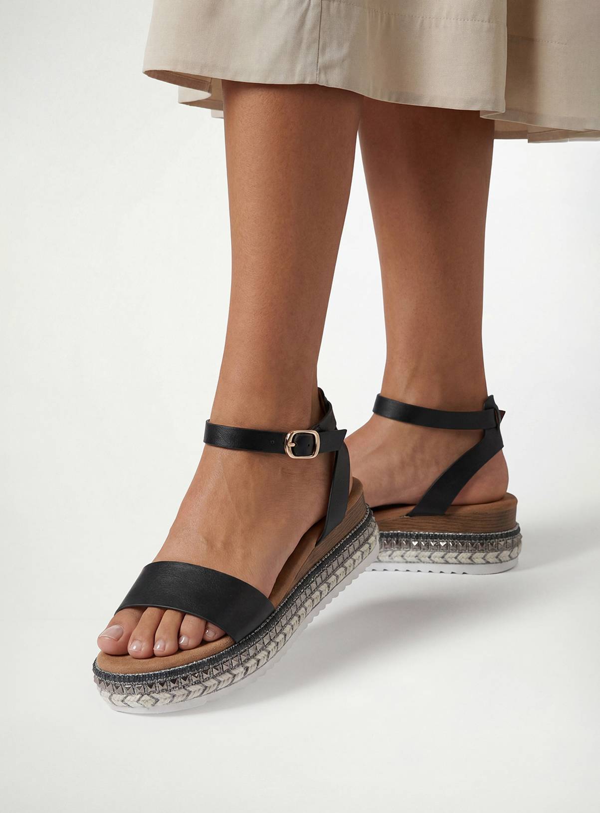 DOROTHY PERKINS Good For The Sole: Hester Faux Leather Embellished Flatform Wedge Sandals Black 3 - Image 1