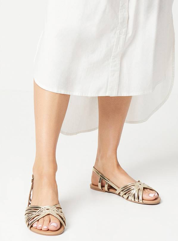 DOROTHY PERKINS Fiona Faux Leather Lattice Peep Toe Slingback Flat Sandals Gold 4