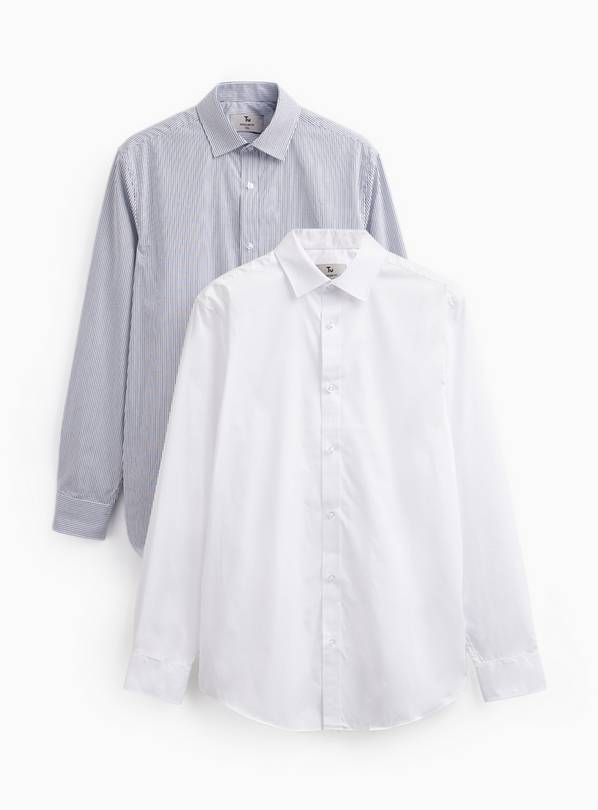 White & Navy Stripe Regular Fit Long Sleeve Shirts 2 Pack 16