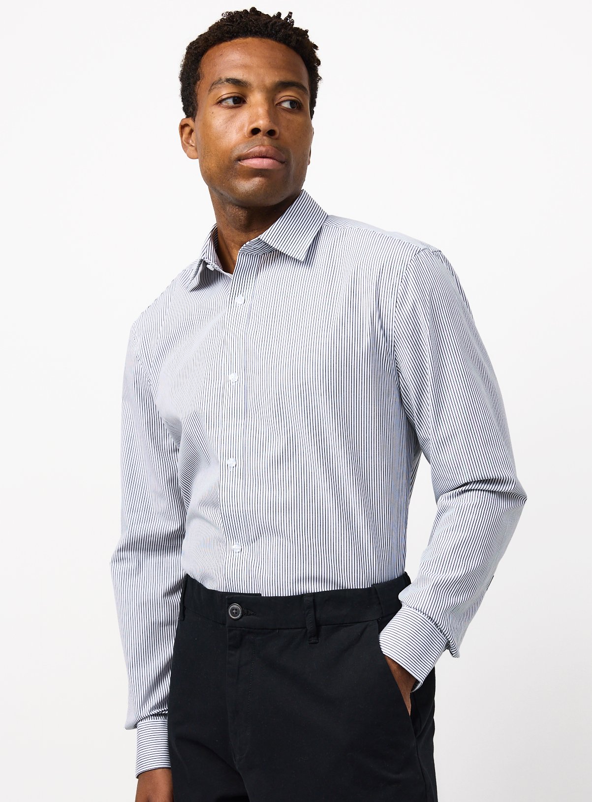 White & Navy Stripe Regular Fit Long Sleeve Shirts 2 Pack 16 - Image 2 thumbnail