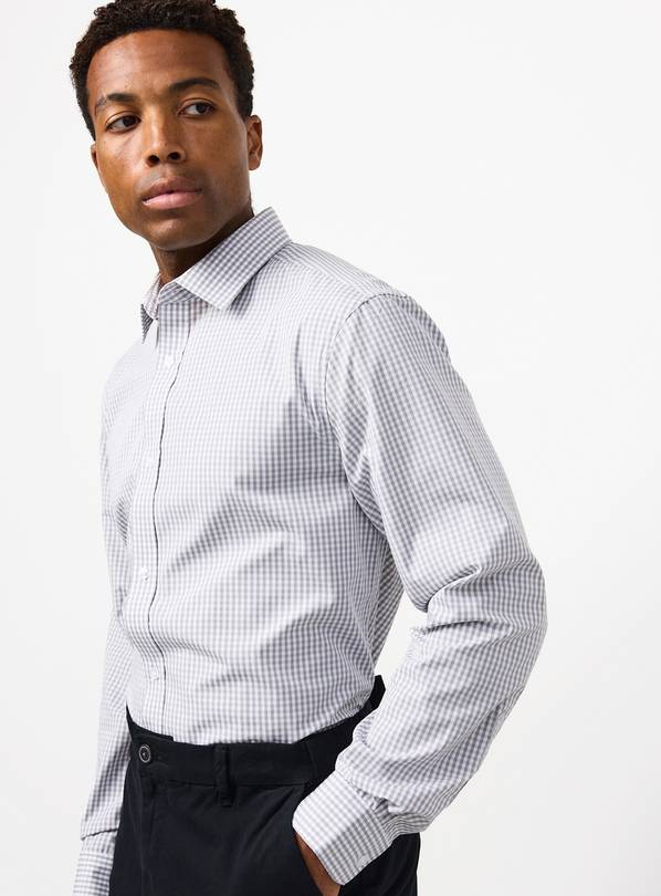 Grey Gingham & Plain Grey Long Sleeve Formal Shirts 2 Pack 15