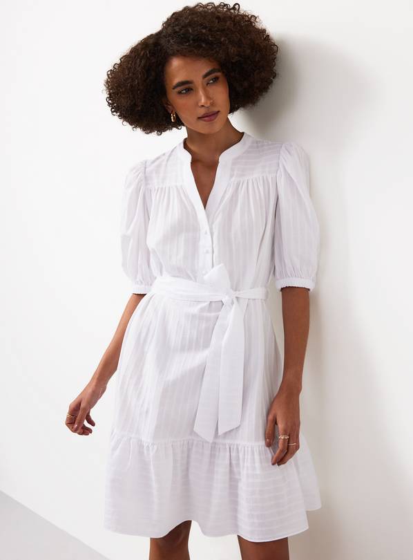 White Stripe Print Mini Shirt Dress 10