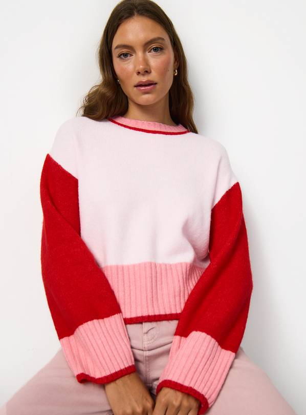 Red Colour Block Print Deep Rib Jumper XS