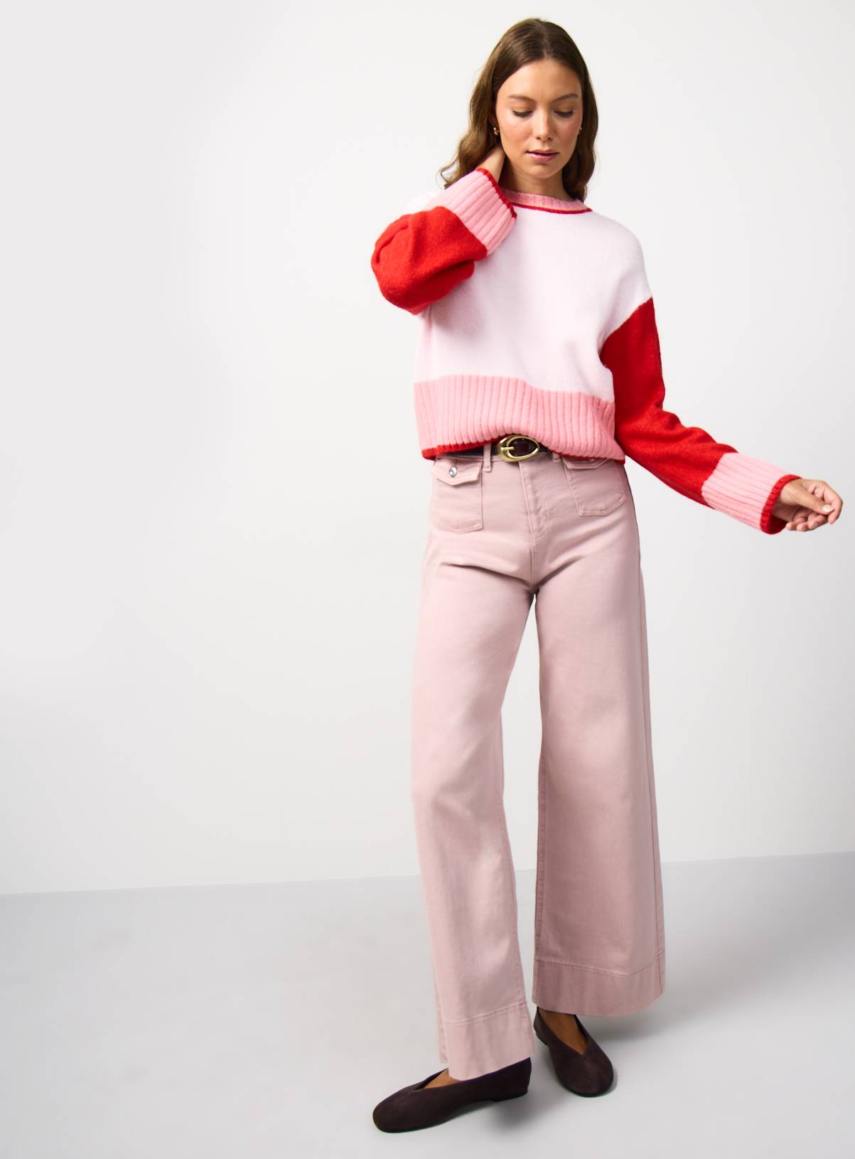 Red Colour Block Print Deep Rib Jumper M - Image 3