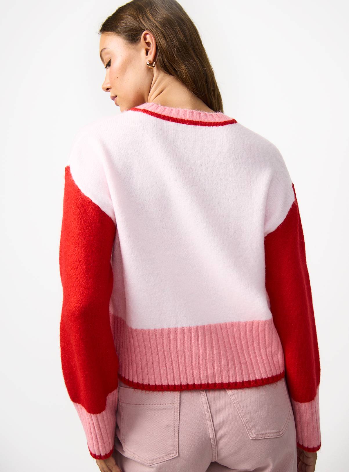 Red Colour Block Print Deep Rib Jumper M - Image 5