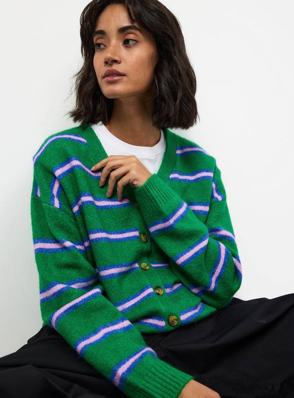 Green Stripe V Neck Cardigan M