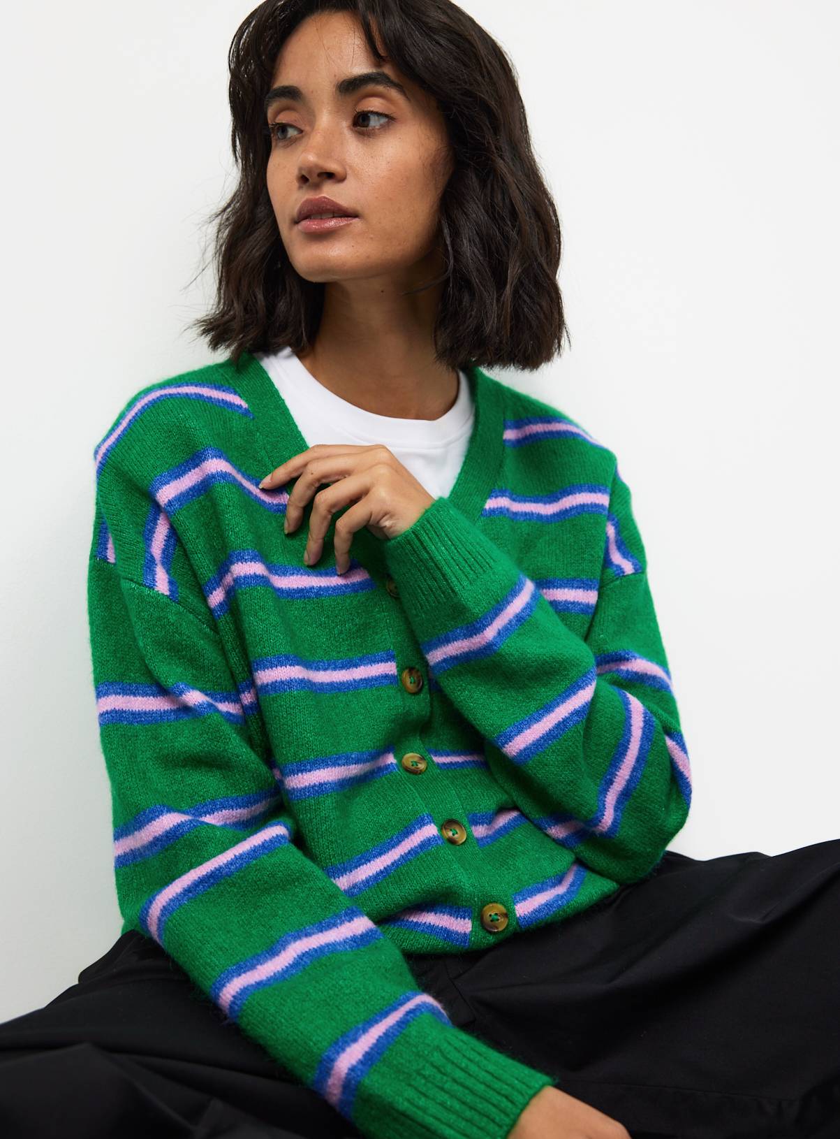 Green Stripe V Neck Cardigan XS - Image 1