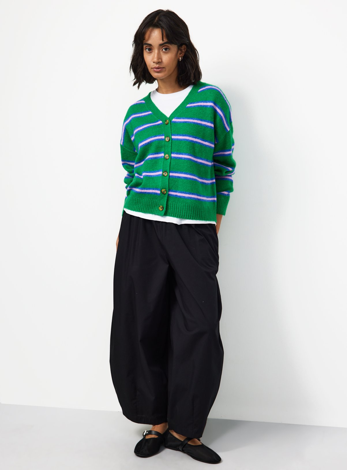 Green Stripe V Neck Cardigan XS - Image 2 thumbnail