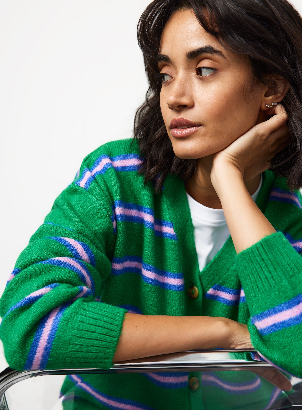 Green Stripe V Neck Cardigan XS - Image 3 thumbnail