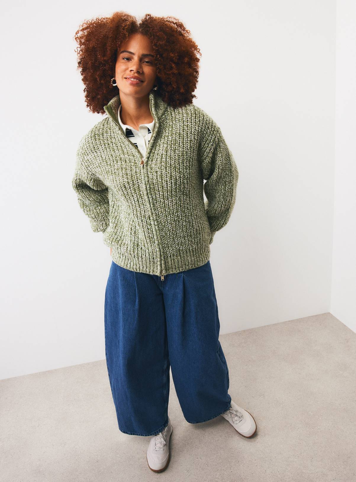 Green Chunky Twist Yarn Zip-Through Knitted Cardigan M - Image 2