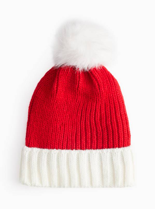 Christmas Red & White Santa-Style Bobble Hat One Size