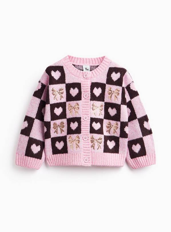 Pink Loveheart & Sequin Bows Checkboard Cardigan 3-4 years
