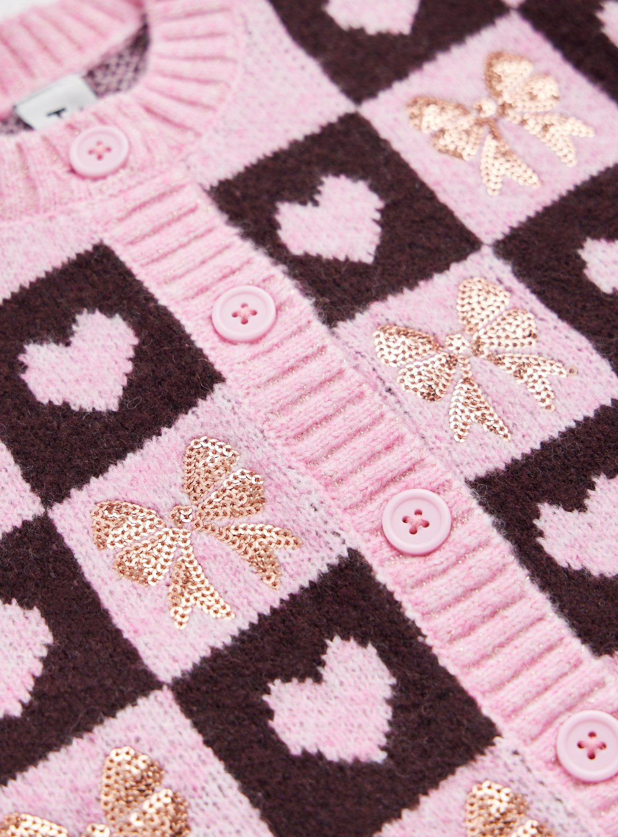 Pink Loveheart & Sequin Bows Checkboard Cardigan 7-8 years - Image 2 thumbnail
