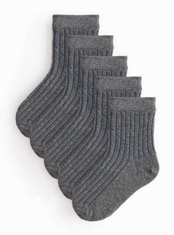 Grey Ribbed Ankle Socks 5 Pack 6-8.5 Infant
