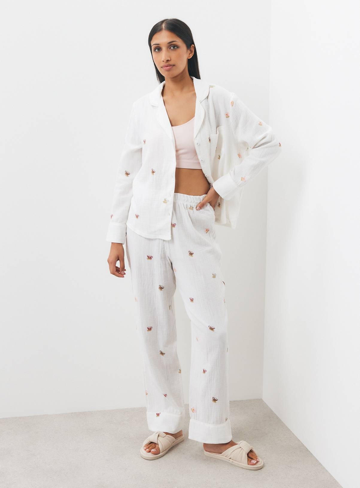 Cream Teacup Print Double Cloth Traditional Pyjamas XL - Image 1