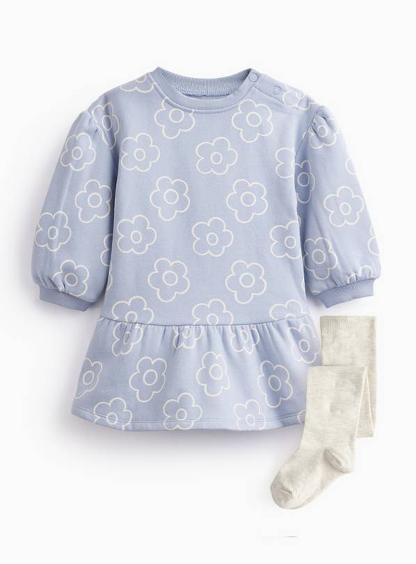 Blue Flower Print Sweat Dress & Tights Set 3-6 months