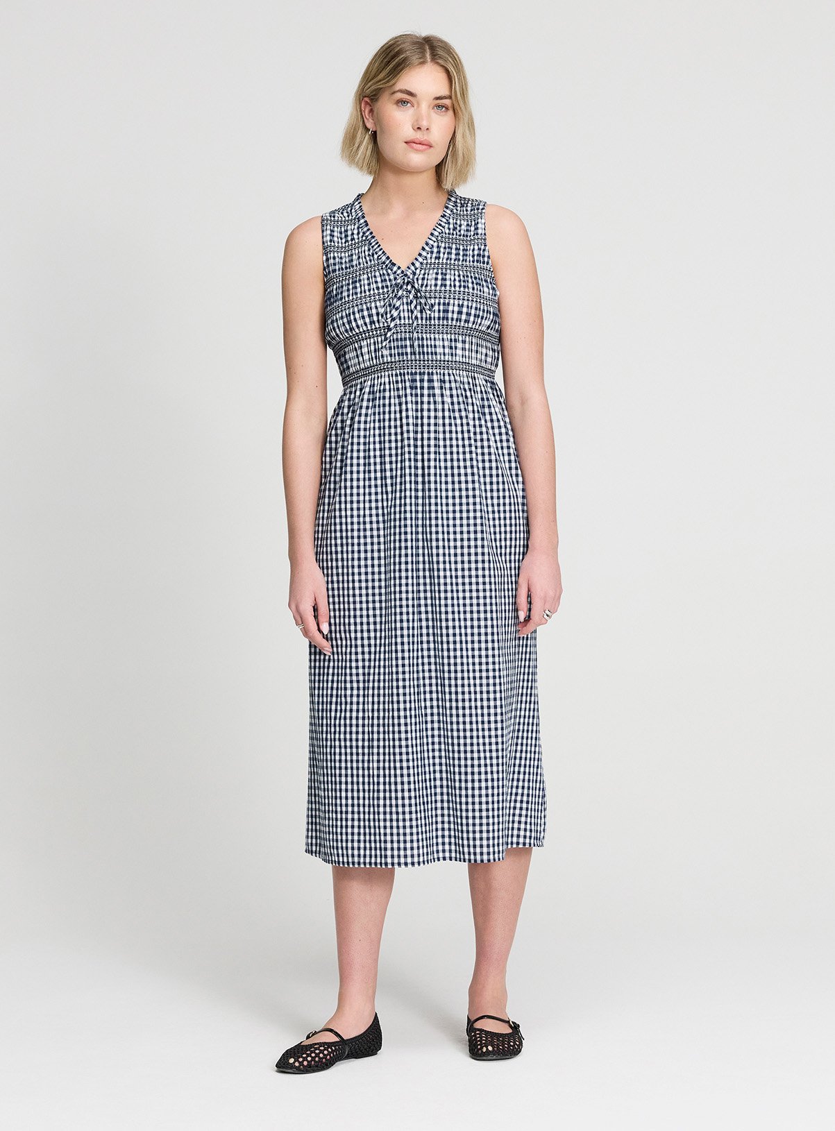 FINERY Hadlee Dress Navy Gingham Check 16 - Image 1 thumbnail
