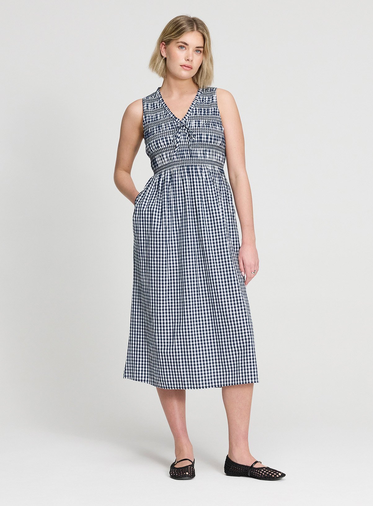 FINERY Hadlee Dress Navy Gingham Check 16 - Image 3 thumbnail