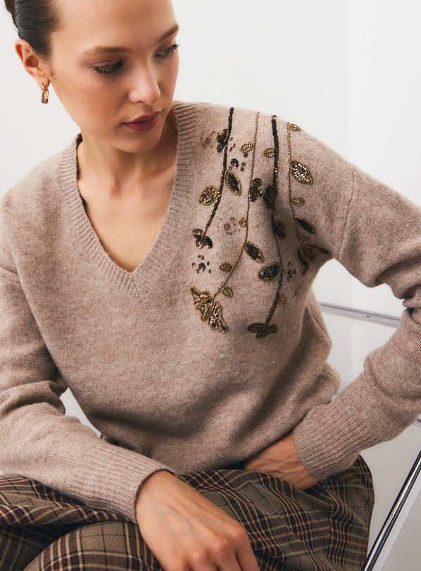 Brown Floral Beaded Jumper S