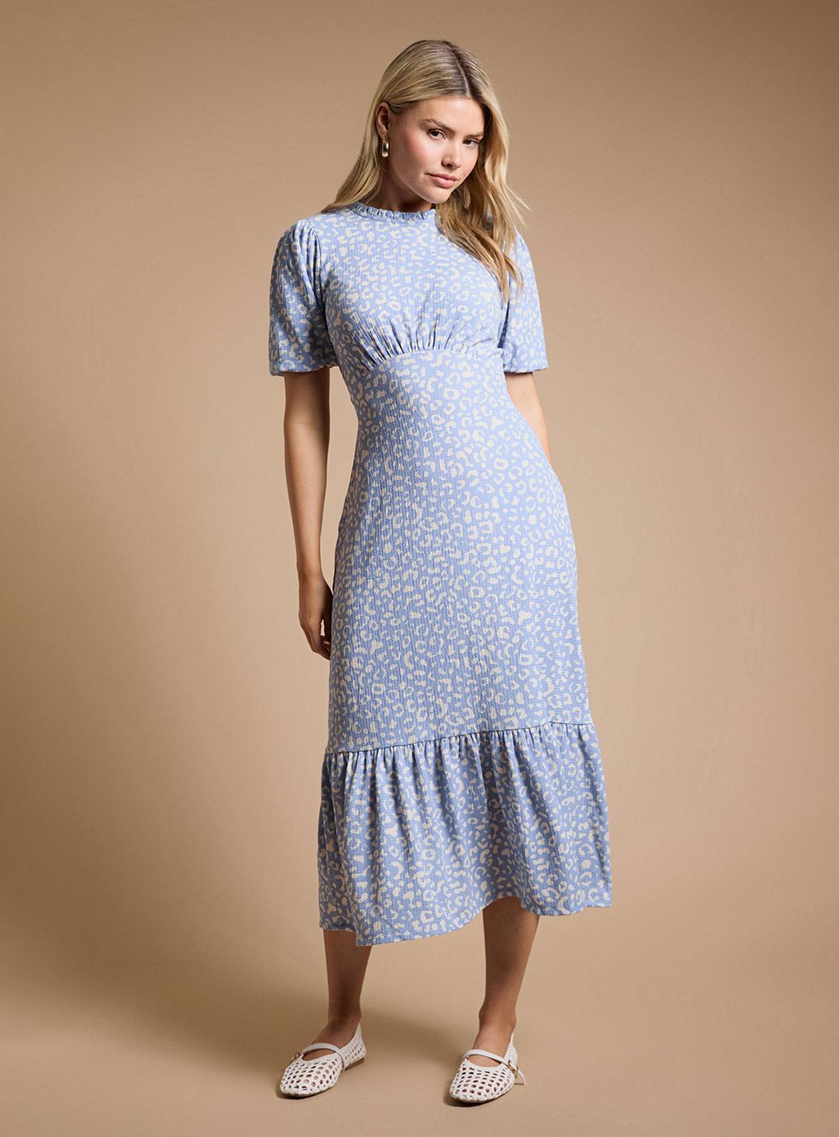 DOROTHY PERKINS Blue Leopard Tie Back Tiered Jersey Midi Dress 16 - Image 1