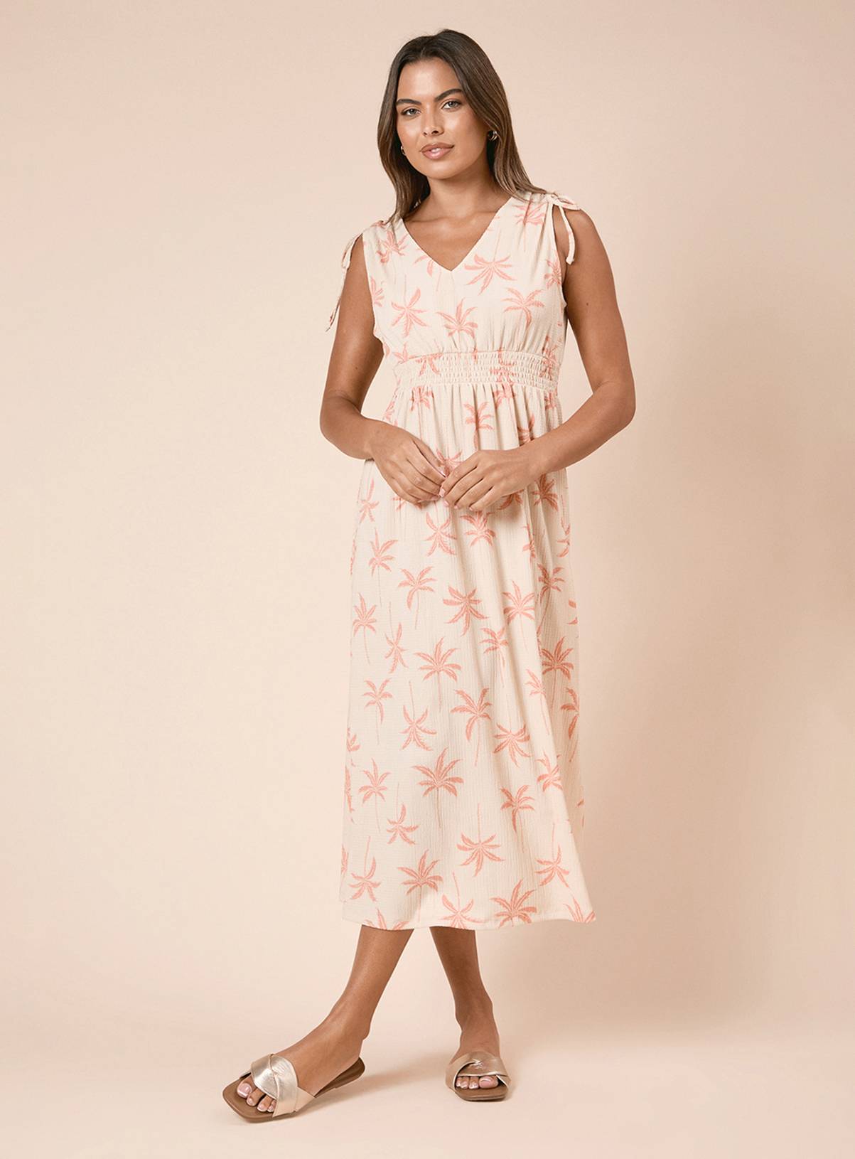 DOROTHY PERKINS Cream Palm Tie Shoulder Shirred Waist Jersey Midi Dress 18 - Image 1